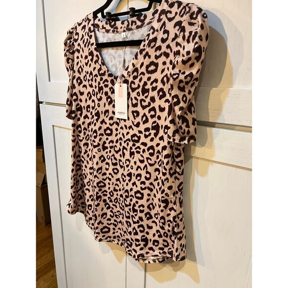 NWT XIEERDUO Animal Print V-Neck Puffed Sleeve Top Tan Black Blouse Size Small - Picture 3 of 5